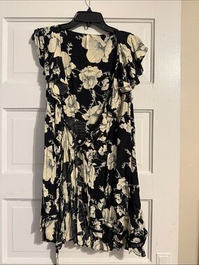 Free People Black and Cream Floral Mini Wrap Dress